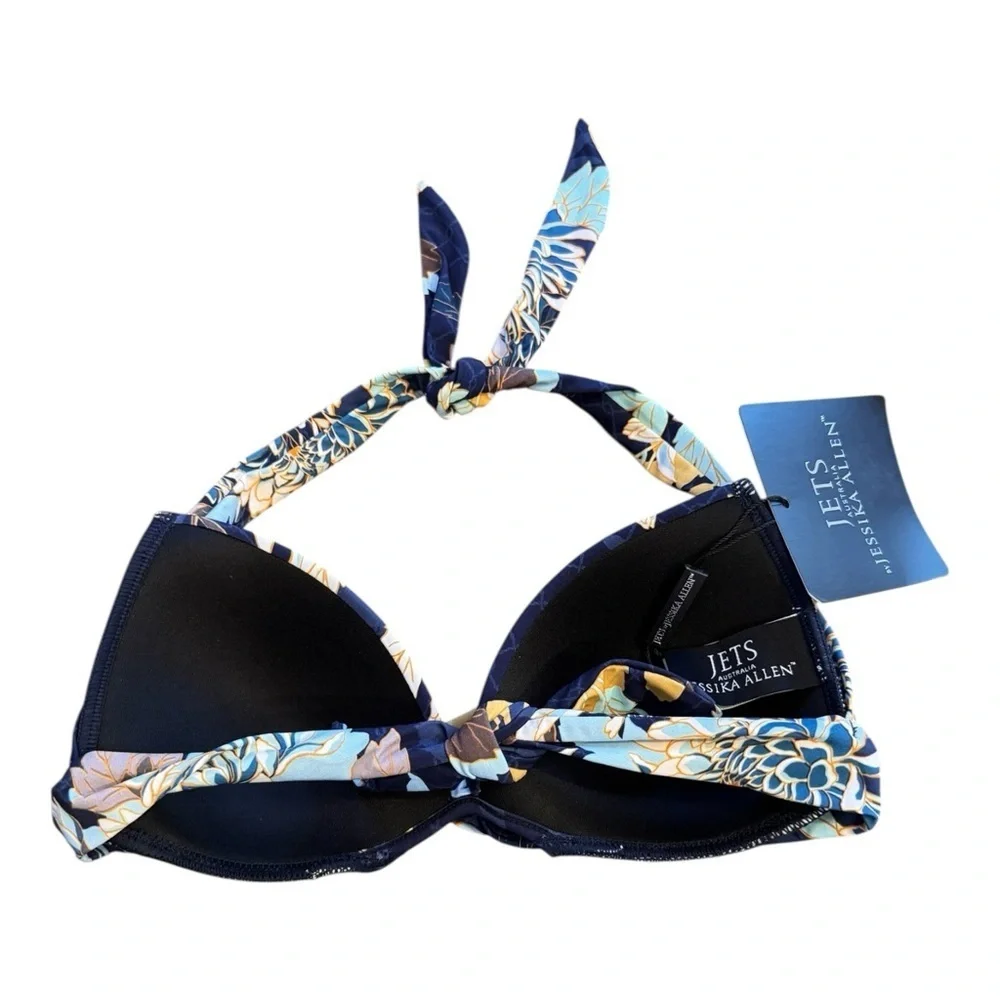 JETS by Jessika Allen 50's Twist Halter Bikini Top in blue floral NWT